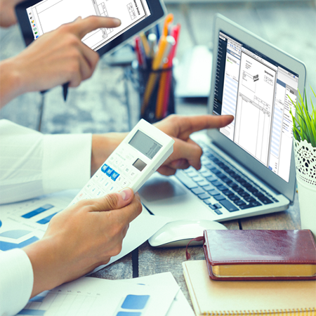 Financial review meeting with reports and charts